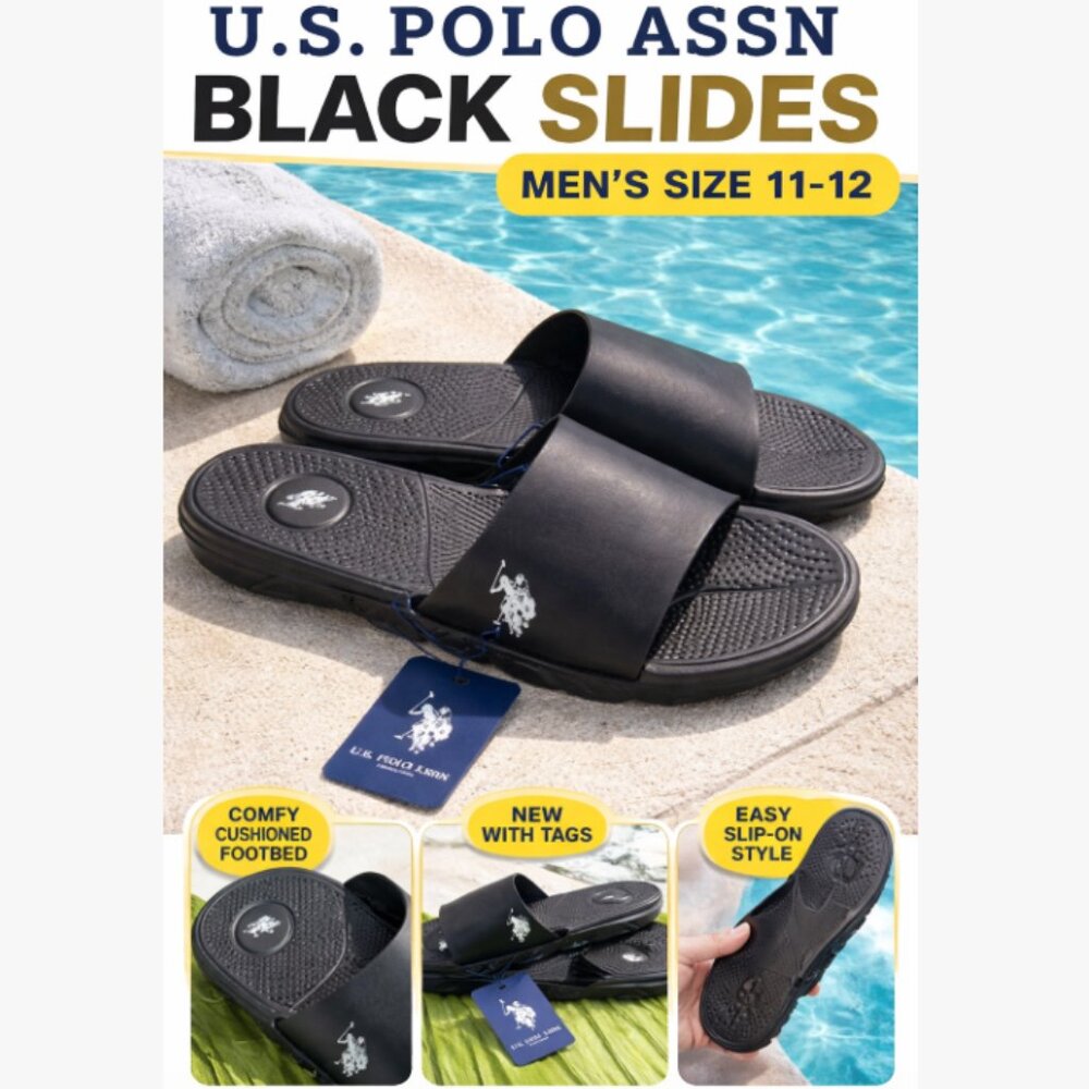 U.S. Polo Assn Black Slide Sandals Men’s Size 11–12 Comfort Slides New